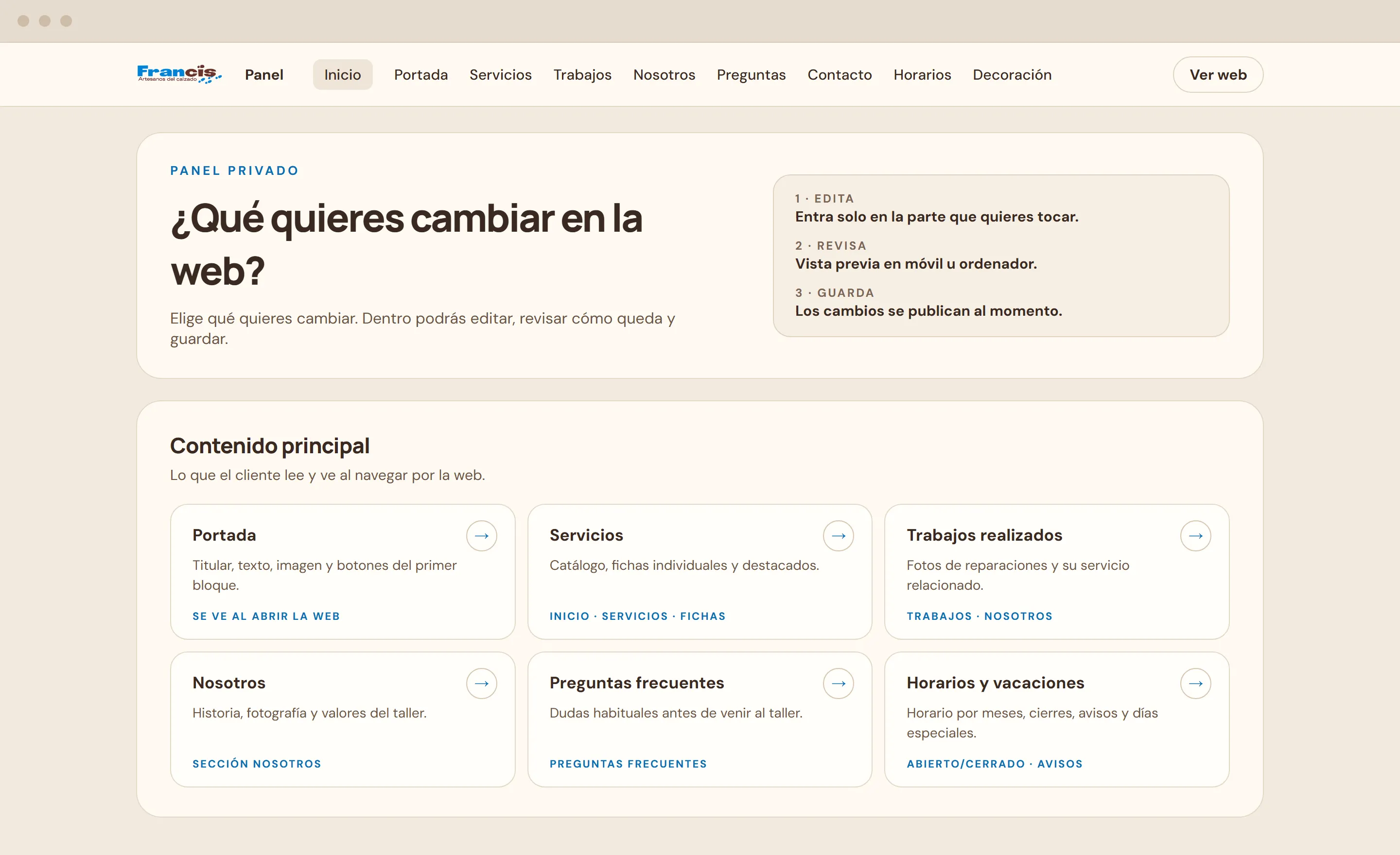 Maqueta del panel privado: la pregunta ¿Qué quieres cambiar en la web?, los pasos editar, revisar y guardar, y tarjetas para portada, servicios, trabajos, nosotros, preguntas y horarios.